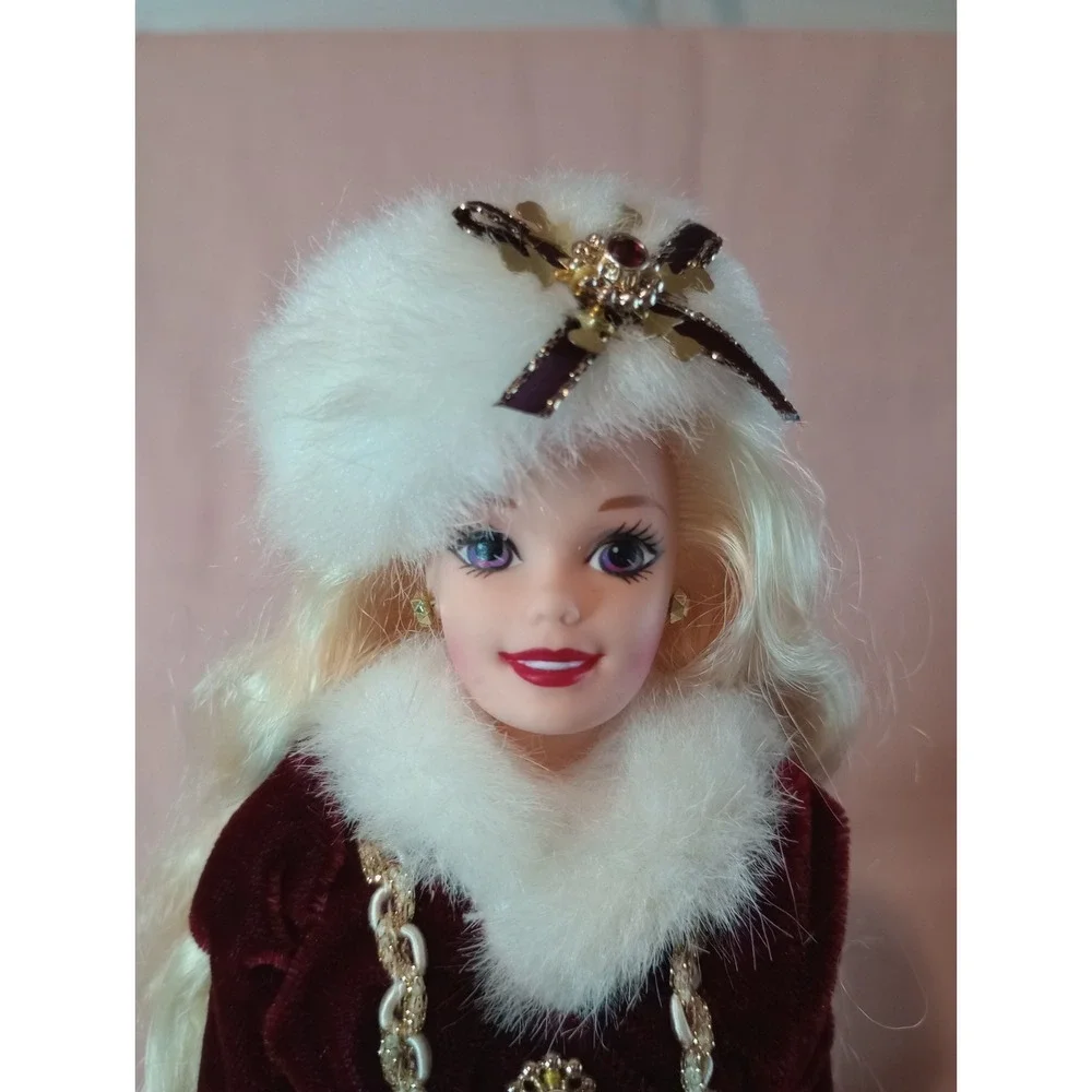 1996 Happy Holidays Barbie Special Edition Doll Burgundy Gold Gown w Stand
